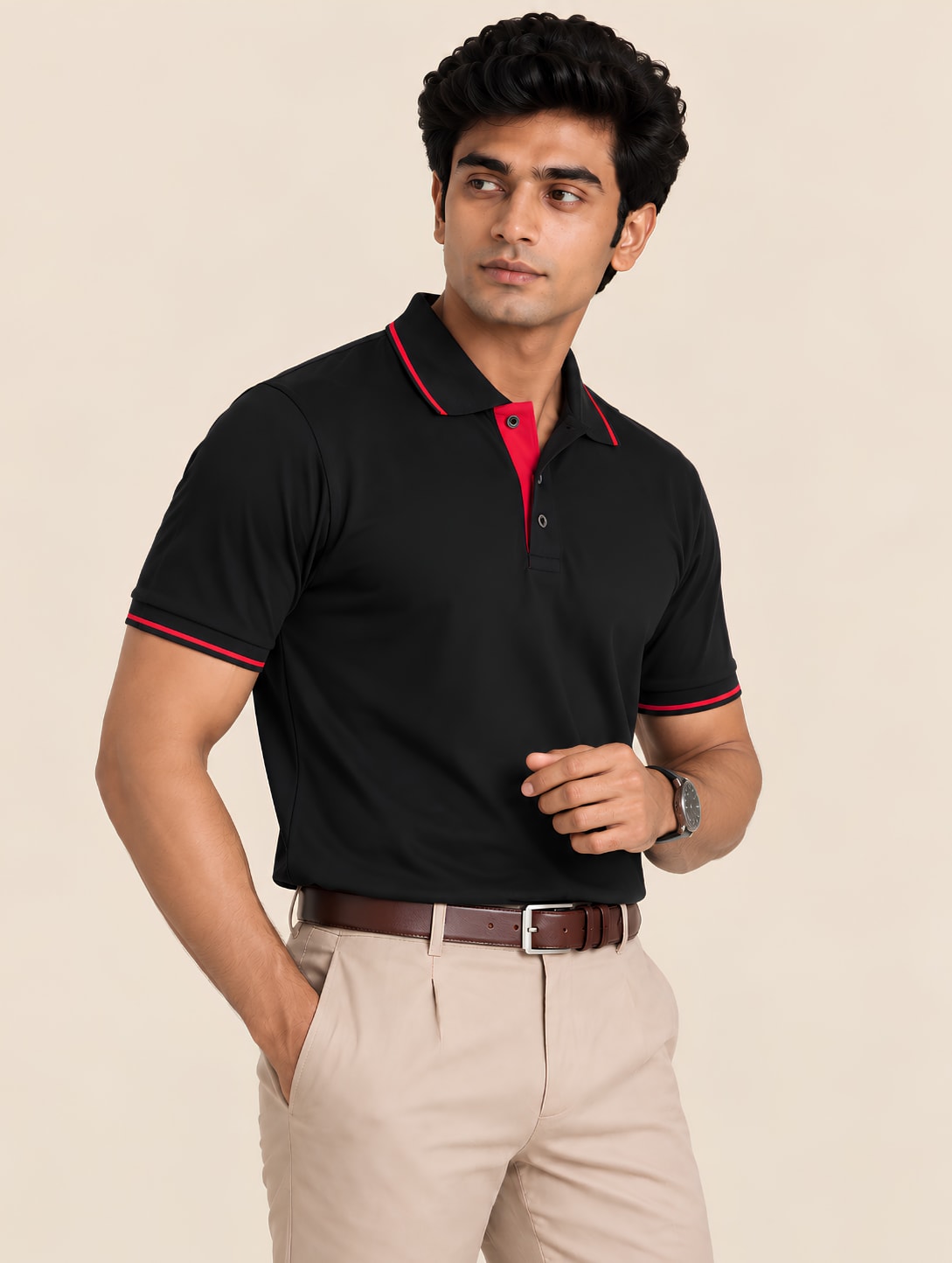 Corporate Men's Tipped Polo T-Shirt - Black with Red Tipping