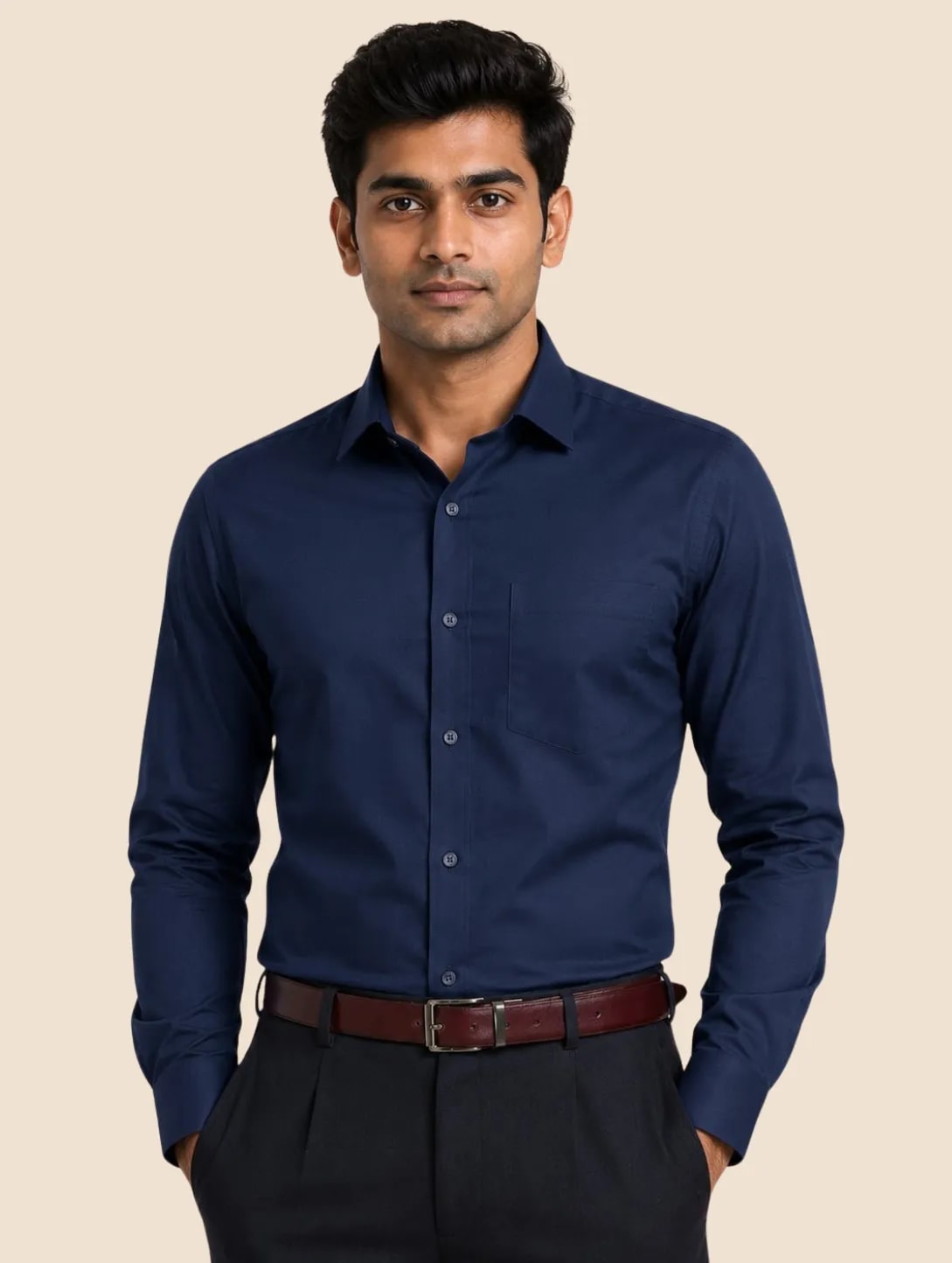 Model in a navy Formistry boardroom shirt