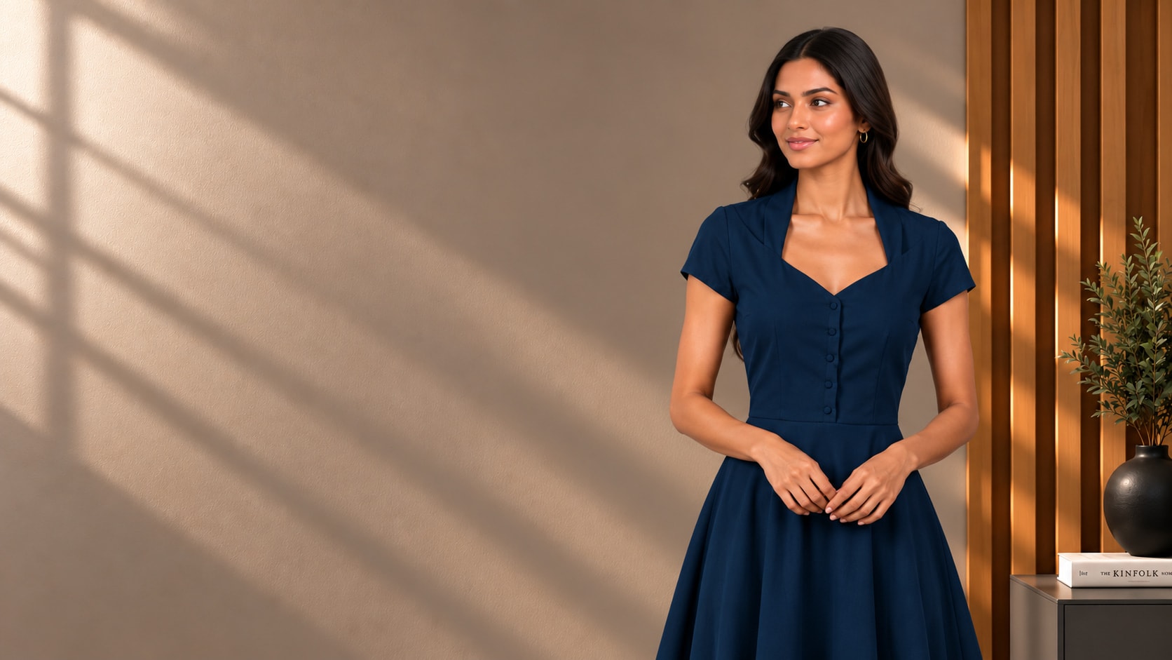 Woman wearing a navy Formistry dress