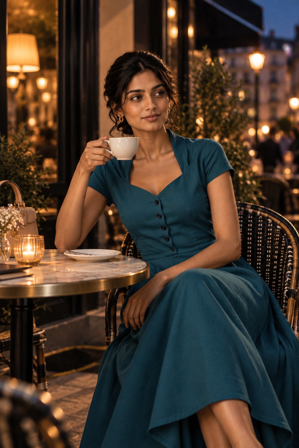 Model at a candlelit cafe in the evening, in a teal Formistry dress