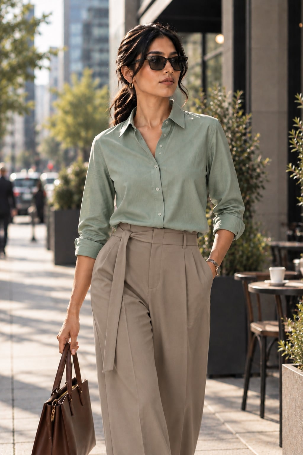 Model walking through the city in a sage Formistry shirt and cream trousers