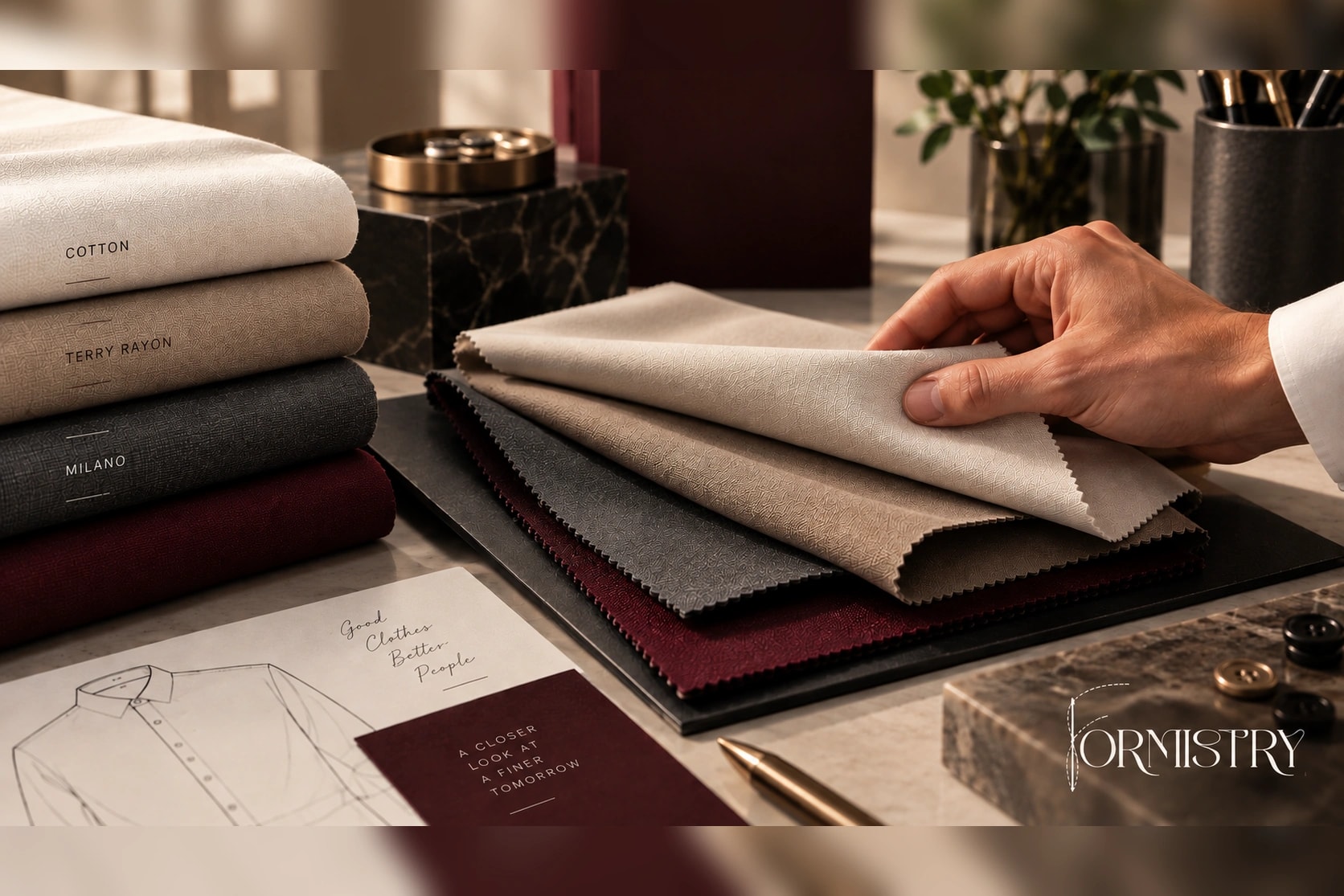 Formistry cloths labelled Cotton, Terry Rayon and Milano on a studio table