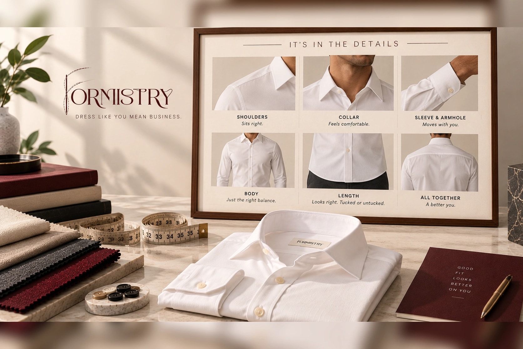 A framed guide to shirt fit beside a folded Formistry shirt, cloths and a tape measure